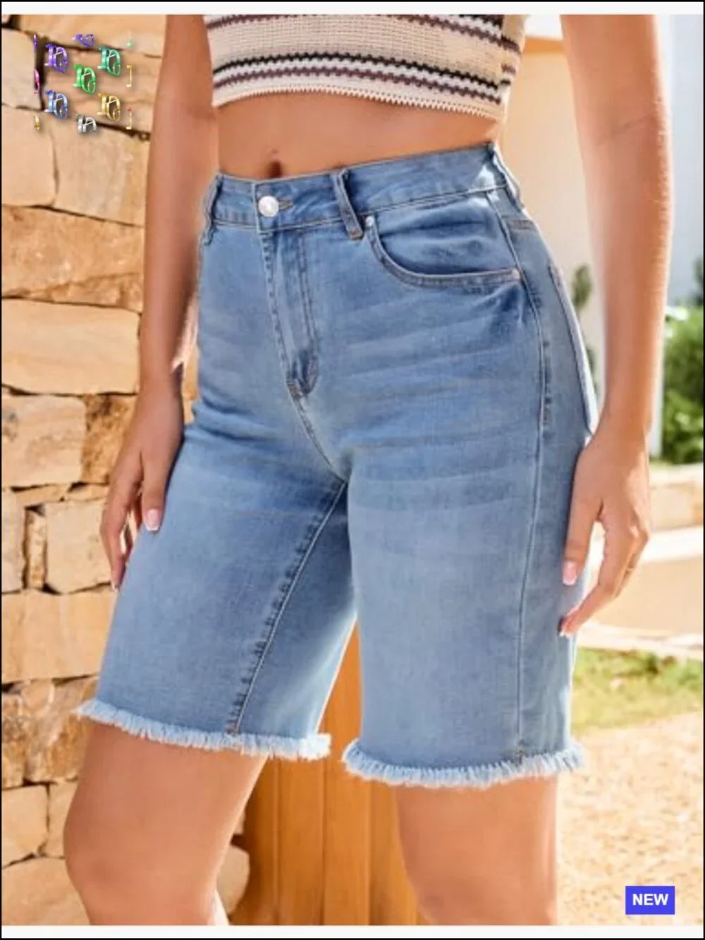 Bermuda Jean Shorts Mid Rise Raw Hem Stretchy Denim Long Shorts Knee Length